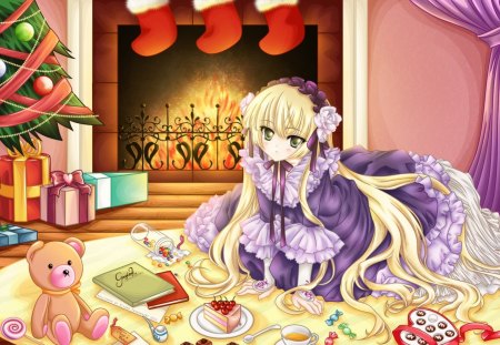 Christmas evening - sweets, gift, teddybear, santa claus, toy, fire, book, blonde hair, yellow, evening, anime, food, tree, chocolate, manga, girl, tea, night, purple dress, christmas, cake, red, pink, decoration