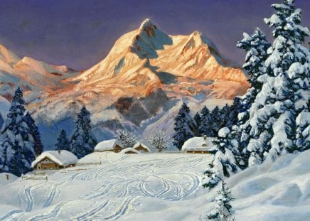 Winter Alps - calm, snowflakes, snow, mountain, path, nice, cottage, sky, house, trees, alps, beautiful, snowy, slope, cabon, lovely, peaks, village, white, snowing, painting, serenity, peaceful