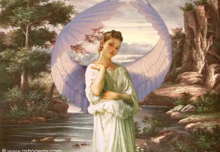 Beautiful Angel - angel, trees, river, water, fantasy