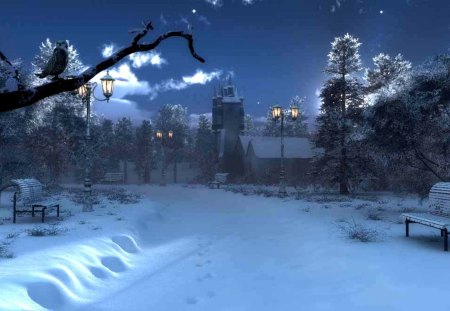 WINTER TOWN - bird, moonlit, trees, winter, town, lanterns, snow, stars, owl, castle, sky