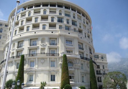 Hotel de Paris in Monaco - house, trees, summer, blue, window, windows, monaco, architecture, tree, holiday, green, hotel, france, sun, sky