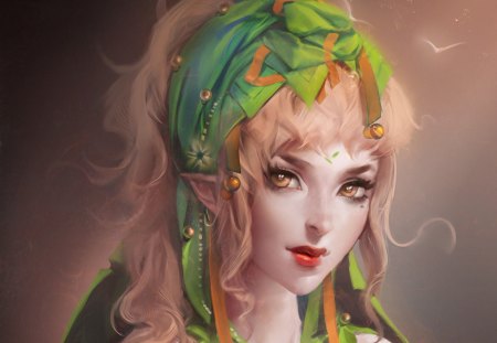 Elf in Green - elf, brid, fantasy, green