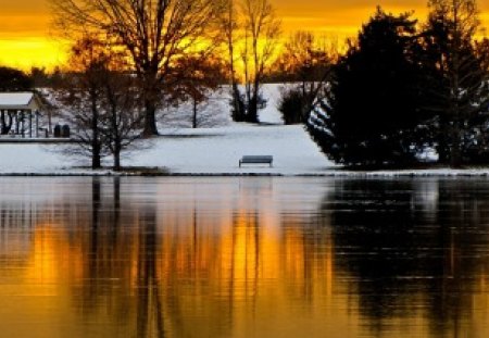 'Amber Reflected Winter' - reflections, attractions in dreams, scenery, creative pre-made, snow, sunsets, shining, countryside, cities, seasons, amber, winter holidays, urban, trees, winter, beautiful, photography, xmas and new year, cool, christmas, frozen, nature, lakes, love four seasons, silent