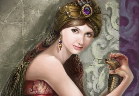 Snake Charmer - fantasy, snake, woman, gems