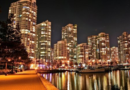 vancouver waterfront at night - boats, lights, waterfront, city, night