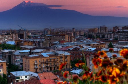 city of yerevan in armenia - flowers, city, sundown, mountain