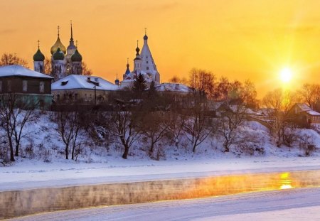 churches in russian winter - winter, town churches, river, sun