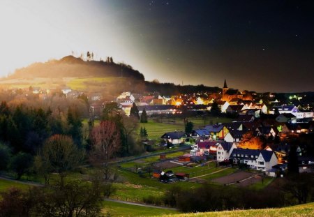 morning arriving on a village - morning, hill, village, valley, trees