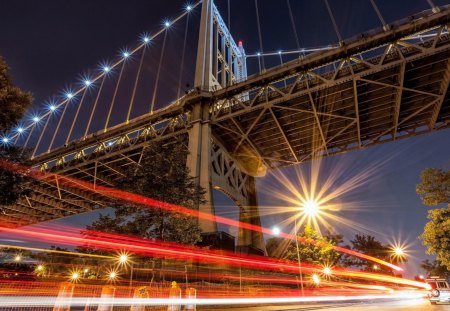 car lights under a mighty bridge - bridge, movement, trees, lights