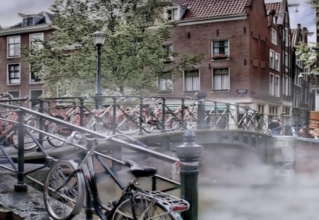 mist on an amsterdam canal - bicycles, mist, canal, city, bridge