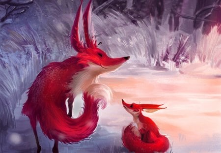 Foxes - winter, foxes, baby, animals