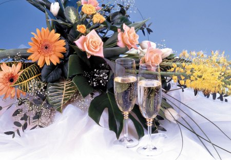 flowers, champagne, bouquet - white, bouquet, flowers, champagne