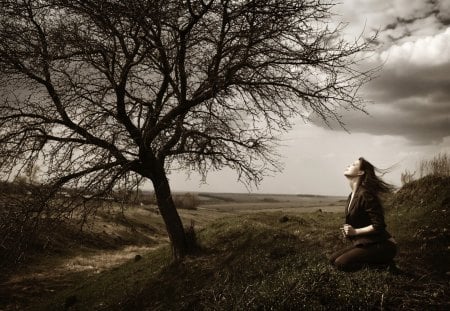 Girl in the Wind - clouds, trees, hills, girl, naked, cool, wind, nature, autumn, model