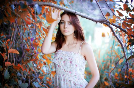 Brown Haired Girl - twig, nature, brown haired, model, leaves