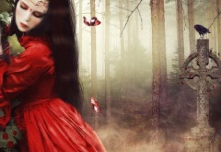 Lady of Roses - roses, fantasy, lady, red, forest