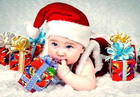 LITTLE SANTA - holiday, child, boxes, gifts, costume, hat, blue