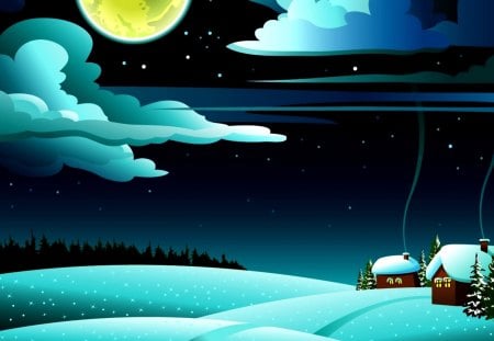 WINTER WONDER LAND - houses, landscape, hills, trees, woods, snow, smoke, full moon and clouds