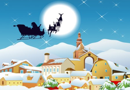 Merry Christmas! - moon, sky, santa claus, night, winter, christmas, white, yellow, red, snow, blue, city, house