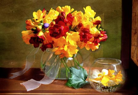 PRETTY FLOWER - vase, summer, lowers, freesia, bouquet, still life