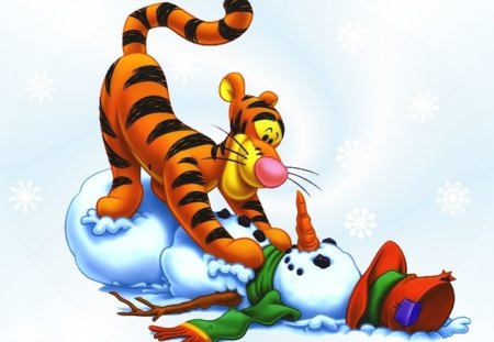 tiger and snowman - play, tiger, snow, cartoon