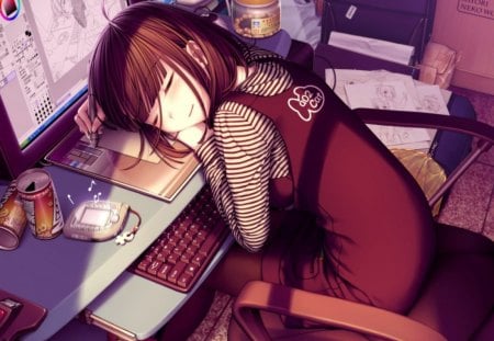 sayori sleeping - black hair, computer, cute girl, sleeping