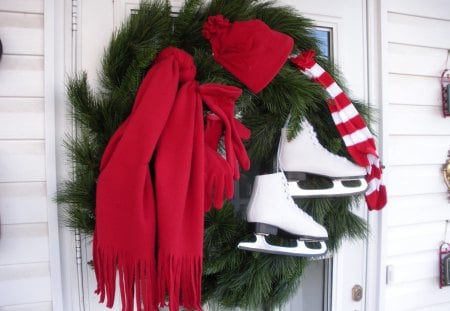 ω✿ω The wreath! ω✿ω - childhood, winter, forever, love, door, white, wreath, nature, ice skates, red, green, merry christmas, stripes