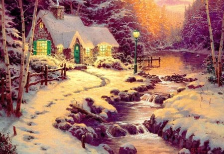 Winter cottage - nice, new year, cottage, peaceful, creek, painting, pretty, reflection, cold, evening, river, holiday, house, frozen, fence, winter, shore, lovely, christmas, village, forest, snow, beautiful, frost, cabin, lights