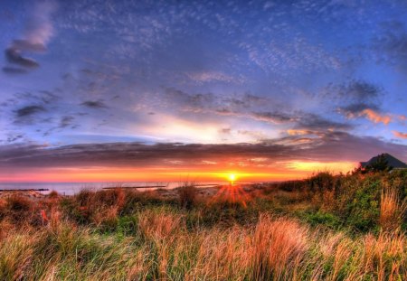 most beautiful sunrise hdr - clouds, hose, beach, sea, sunrise, hdr, grass