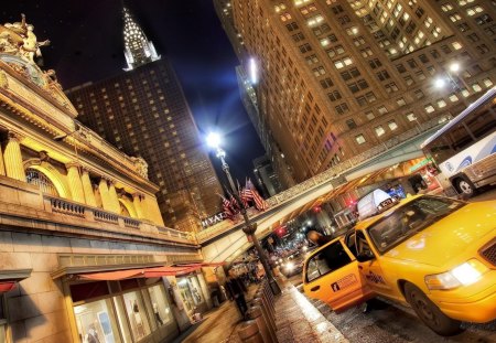 cab to grand central station in nyc - lights, skyscrapers, city, night, cab