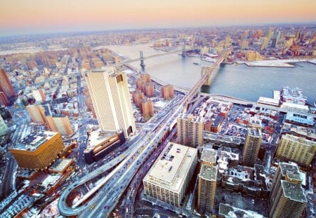 brooklyn and manhatten bridges in nyc - river, bridges, urban, view, city