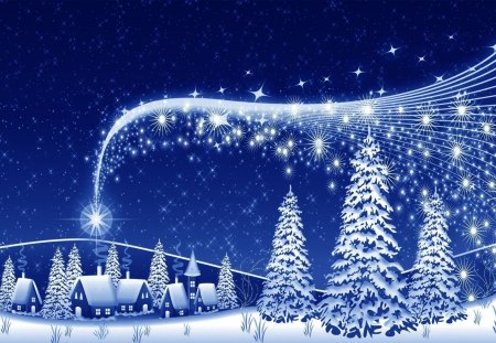 Blue Christmas - village, stars, houses, trees, snow, winter