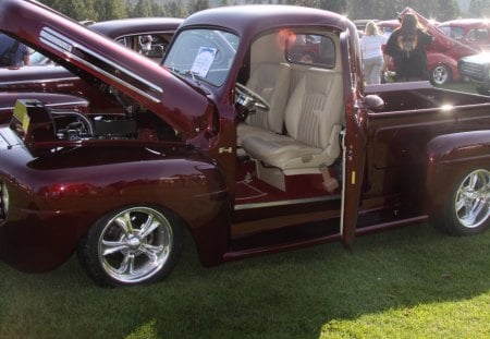 1950 Ford truck F-1 - tires, beige, photography, black, Ford, silver, red, engine, seats