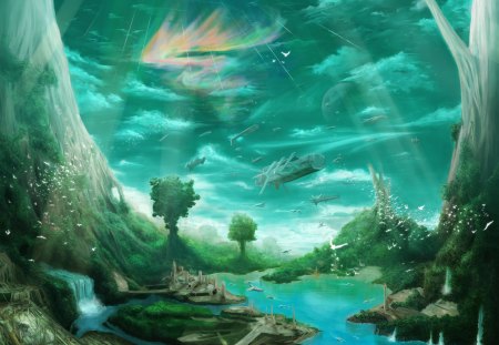 Fantasy World - river, waterfalls, trees, birds, green sky, rainbow, ships