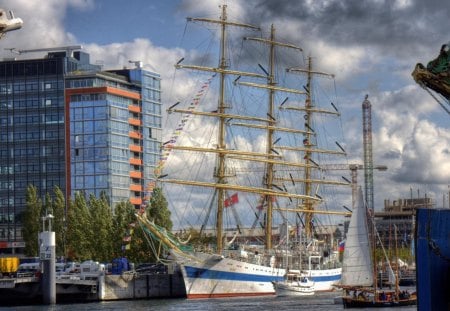 majestic sail ship docked - clouds, city, docks, sail ship