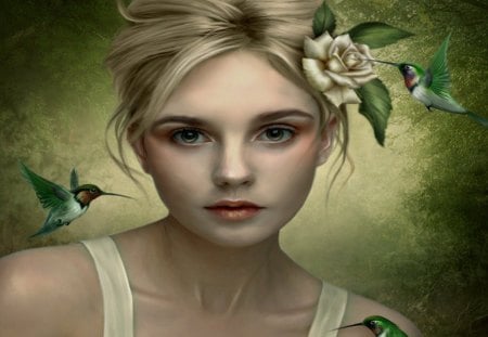 Woman With Humming Birds - woman, leaves, humming birds, fantasy, rose