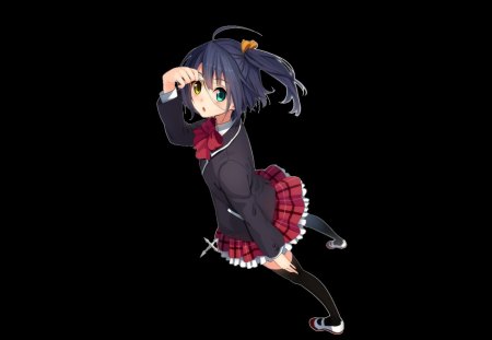 Takanashi Rikka - anime, eyepatch, skirt, blue, school, girl, eye, orange, hair, takanashi, uniform, rikka, red, green, short, cute