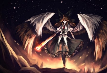 Don't - death, angel, girl, hair, wings, fire, white, brown, glowing, weapon, anime, dress