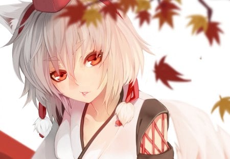 Fall - anime, yellow, girl, eyes, hair, leaves, fall, white, red, short, cute, ribbon