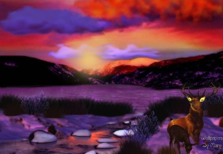 Mountain Fire - deer, stags, fawns, mountains, sunsets, lakes