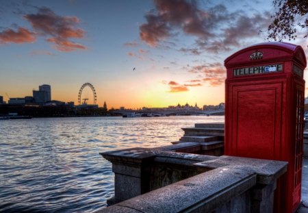 sunset over the thames - phone booth, ferris wheel, sunset, river