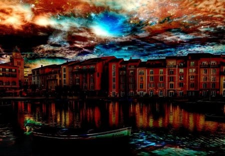 fantastic sky over a coastal town - sky, town, fantasy, coast, boat