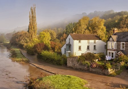 rural house along a river - house, trees, rural, river