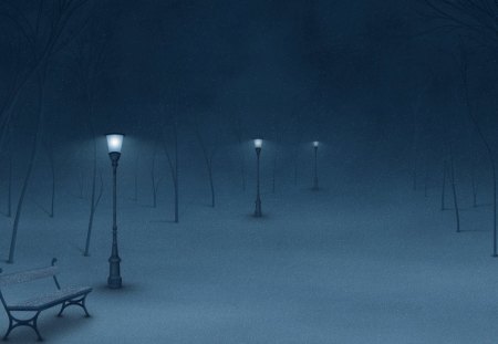 street lamps in snow - poles, snow, lamps, night, bench