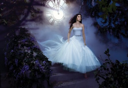 Cinderella - pretty, clock, night, wedding dress, flowers, cinderella, princess, midnight, bride, beautiful, photography, girl, beauty, love, moonlight, stairs, woman, model, disney