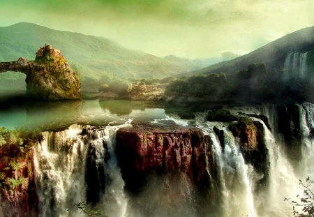 NEW WORLD - waterfalls, landscape, mountains, rocks, sky