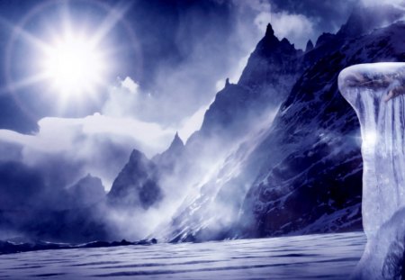 THE FROZEN HAND - mountain, blue, river, monster, hand, sun, winter