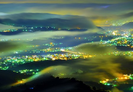 CITY  beneath THE SKY - clouds, height, night, fog, city, view from above, lights