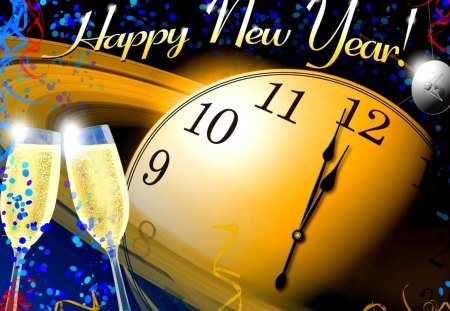 HAPPY NEW YEAR - new year, happy new year, glasses, champagne, holiday, clock, watch