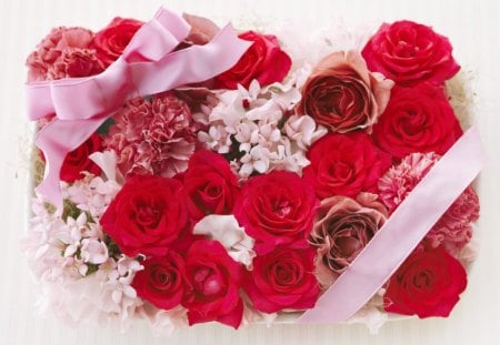 * Flowers for Snowdrop * - gift, box, roses, pink, red, ribbon, bouquet, flowers