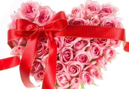 * Heart of roses * - flowers, roses, tenderness, heart, pink roses, ribbon, pink